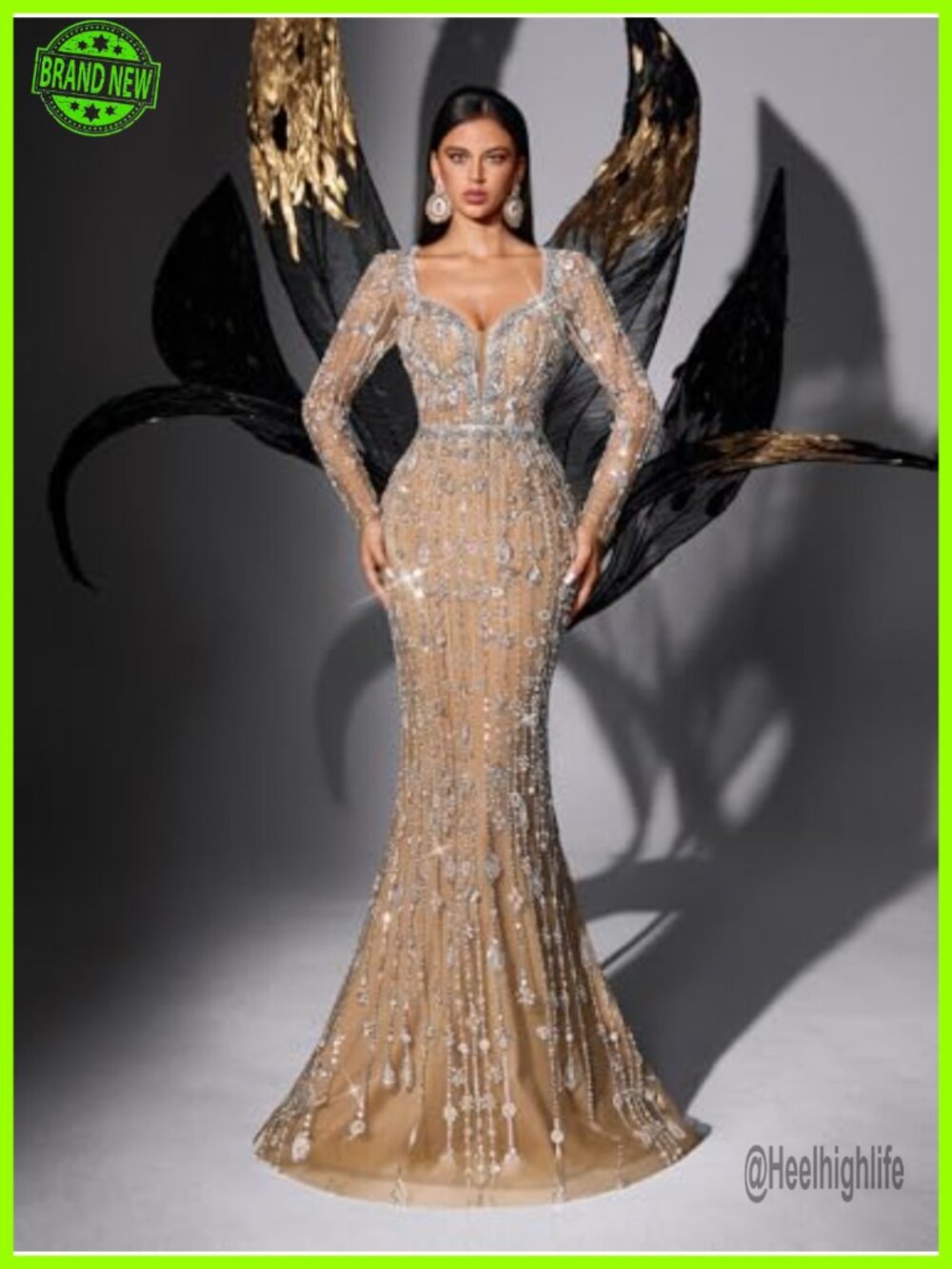 Sequin Beaded Mermaid Prom Dress Long Sleeve Formal Evening Gown - Picture 2 of 6